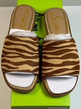 Sam Edelman Sabrina Zebra Slide Sandals Tan Brown Size 5M Animal Print
